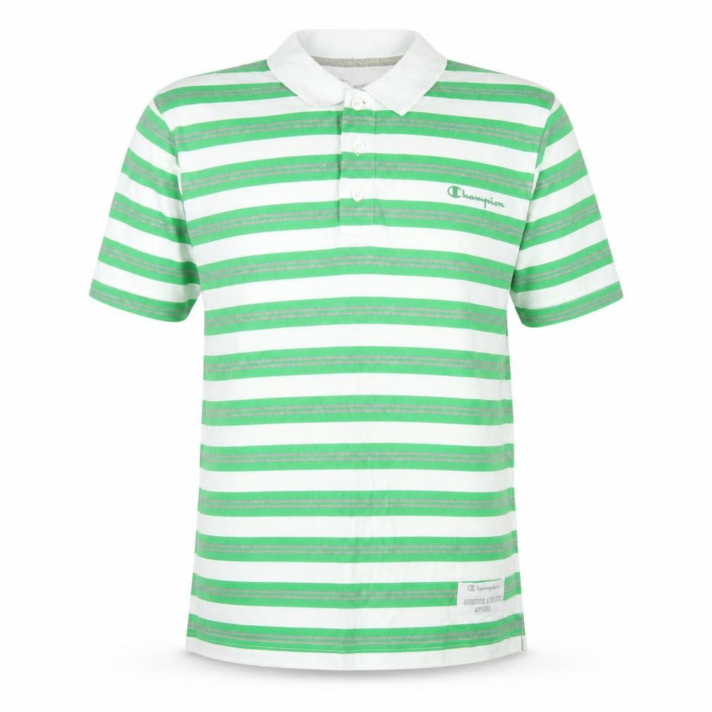 Front view of Champion Men's Green Striped Polo Shirt Medium Cotton