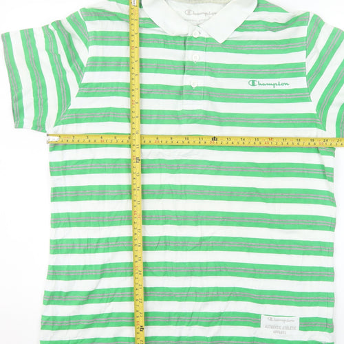 Champion Men's Green Striped Polo Shirt Medium Cotton