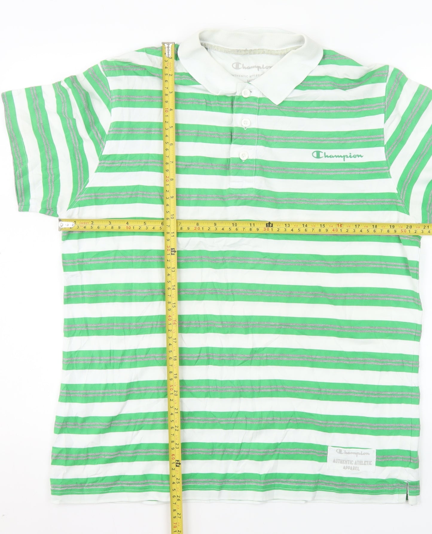 Champion Men's Green Striped Polo Shirt Medium Cotton