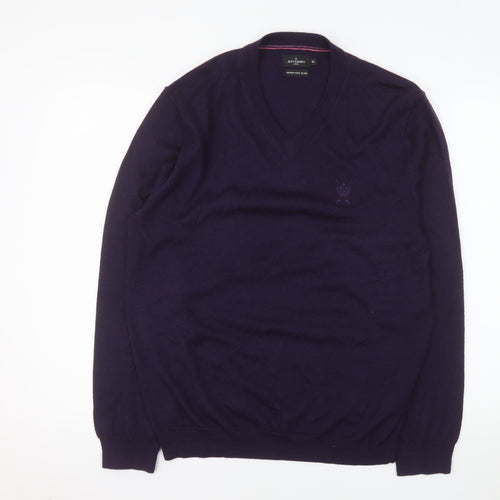 Jeff Banks Men's Purple XL Merino Wool Blend V-Neck Jumper