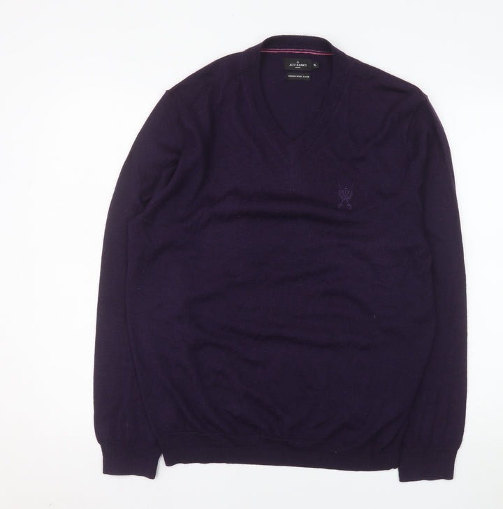 Jeff Banks Men's Purple XL Merino Wool Blend V-Neck Jumper