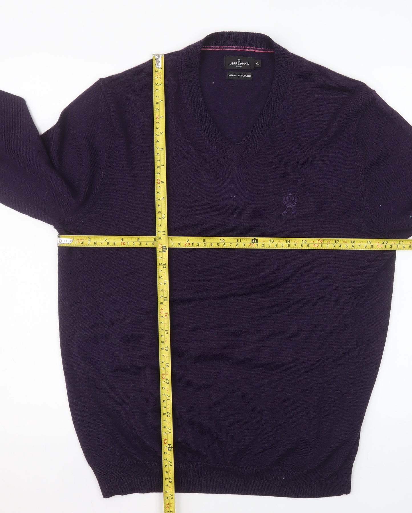 Jeff Banks Men's Purple XL Merino Wool Blend V-Neck Jumper