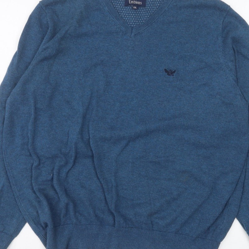 Emblems Men Blue 2XL V-Neck Pullover Jumper Classic Knit