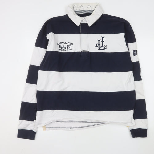Lazy Jacks Men's Blue White Striped Rugby Polo Shirt L Long Sleeve Cotton