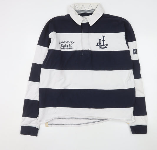 Lazy Jacks Men's Blue White Striped Rugby Polo Shirt L Long Sleeve Cotton