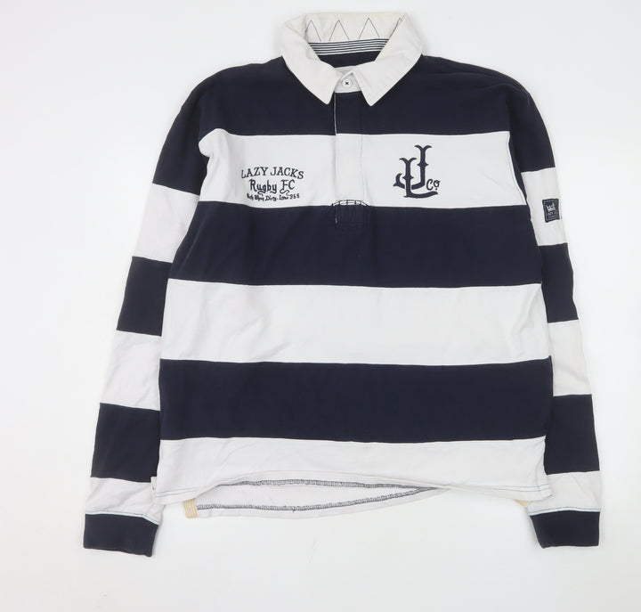 Lazy Jacks Men's Blue White Striped Rugby Polo Shirt L Long Sleeve Cotton