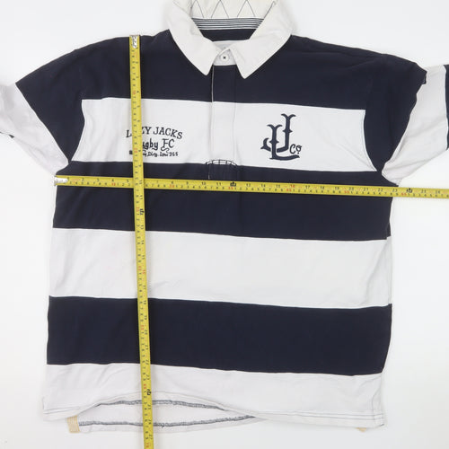 Lazy Jacks Men's Blue White Striped Rugby Polo Shirt L Long Sleeve Cotton