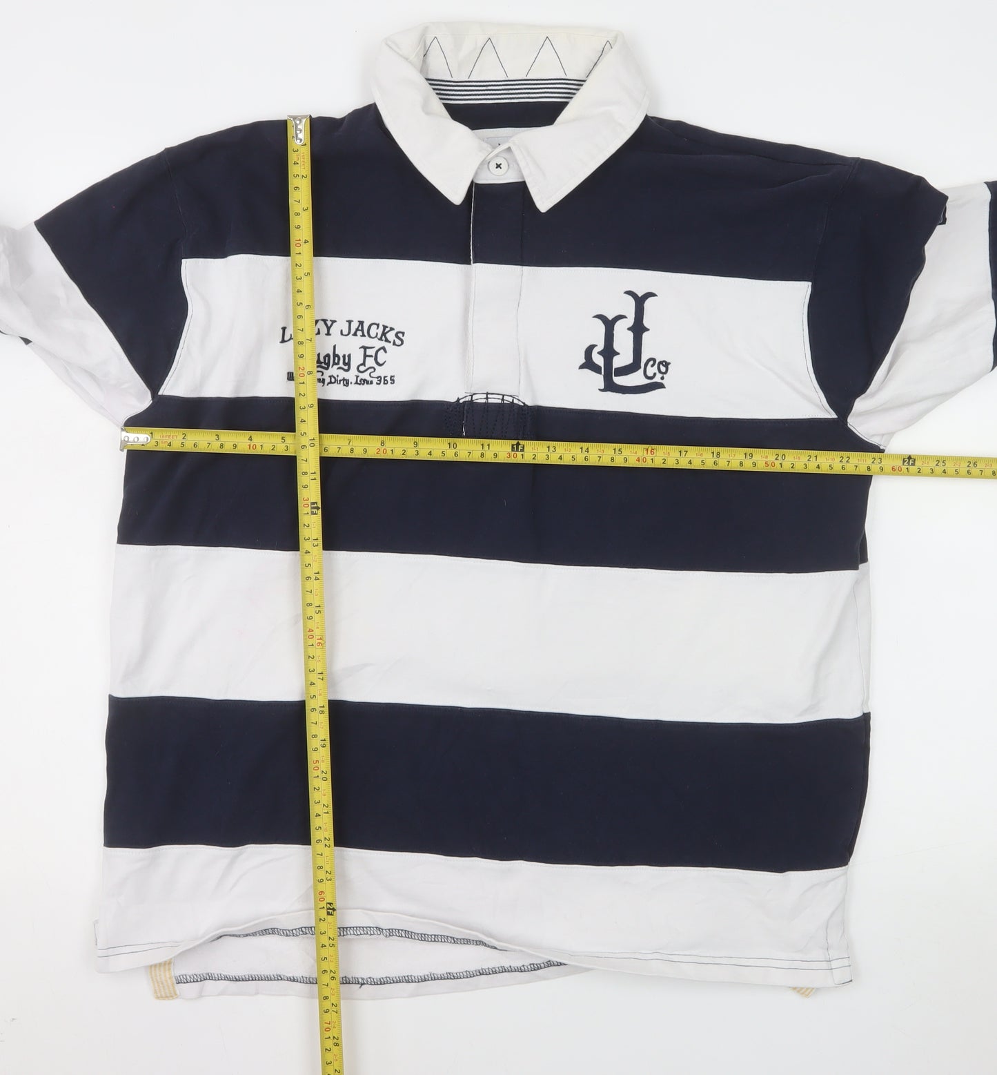 Lazy Jacks Men's Blue White Striped Rugby Polo Shirt L Long Sleeve Cotton