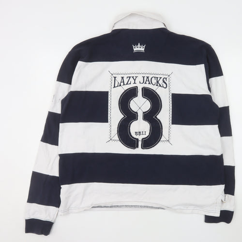 Lazy Jacks Men's Blue White Striped Rugby Polo Shirt L Long Sleeve Cotton