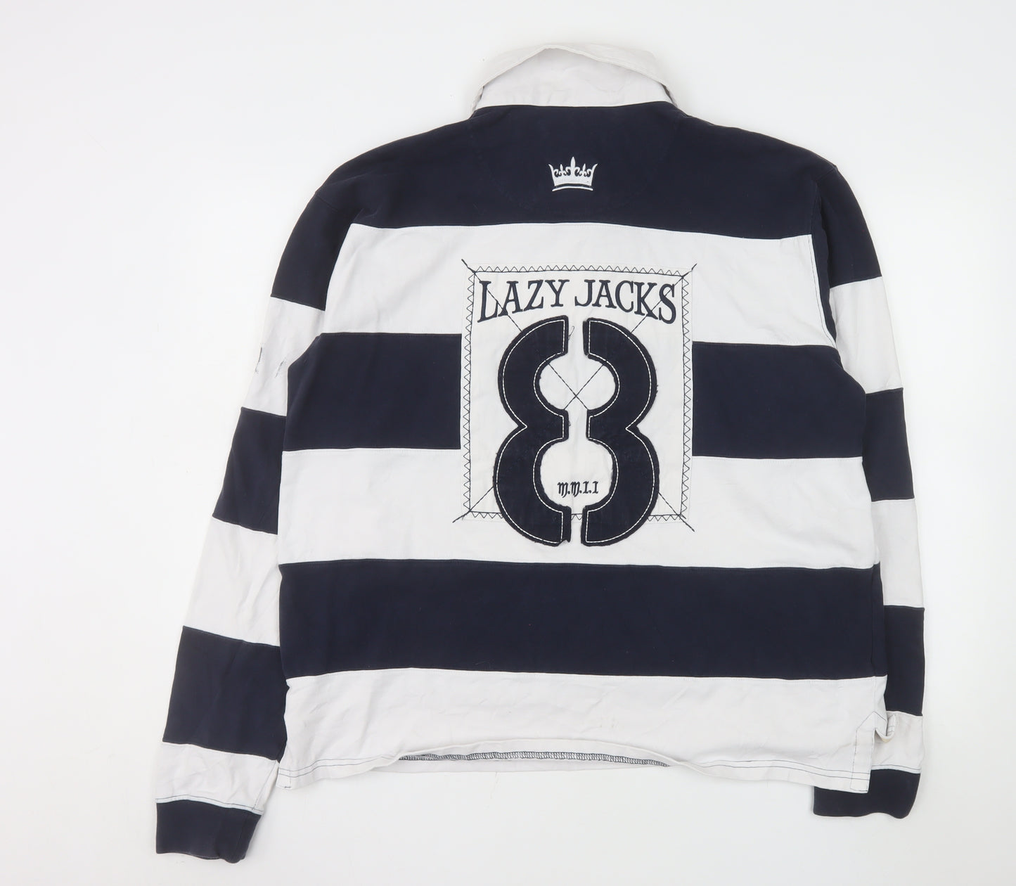 Lazy Jacks Men's Blue White Striped Rugby Polo Shirt L Long Sleeve Cotton