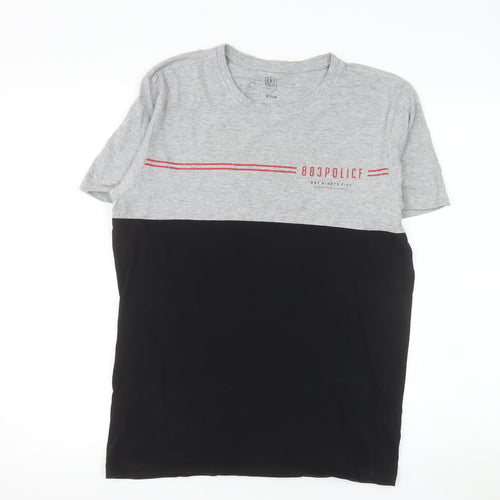 883 Police Men's Grey and Black Colourblock Crew Neck Cotton T-Shirt Medium