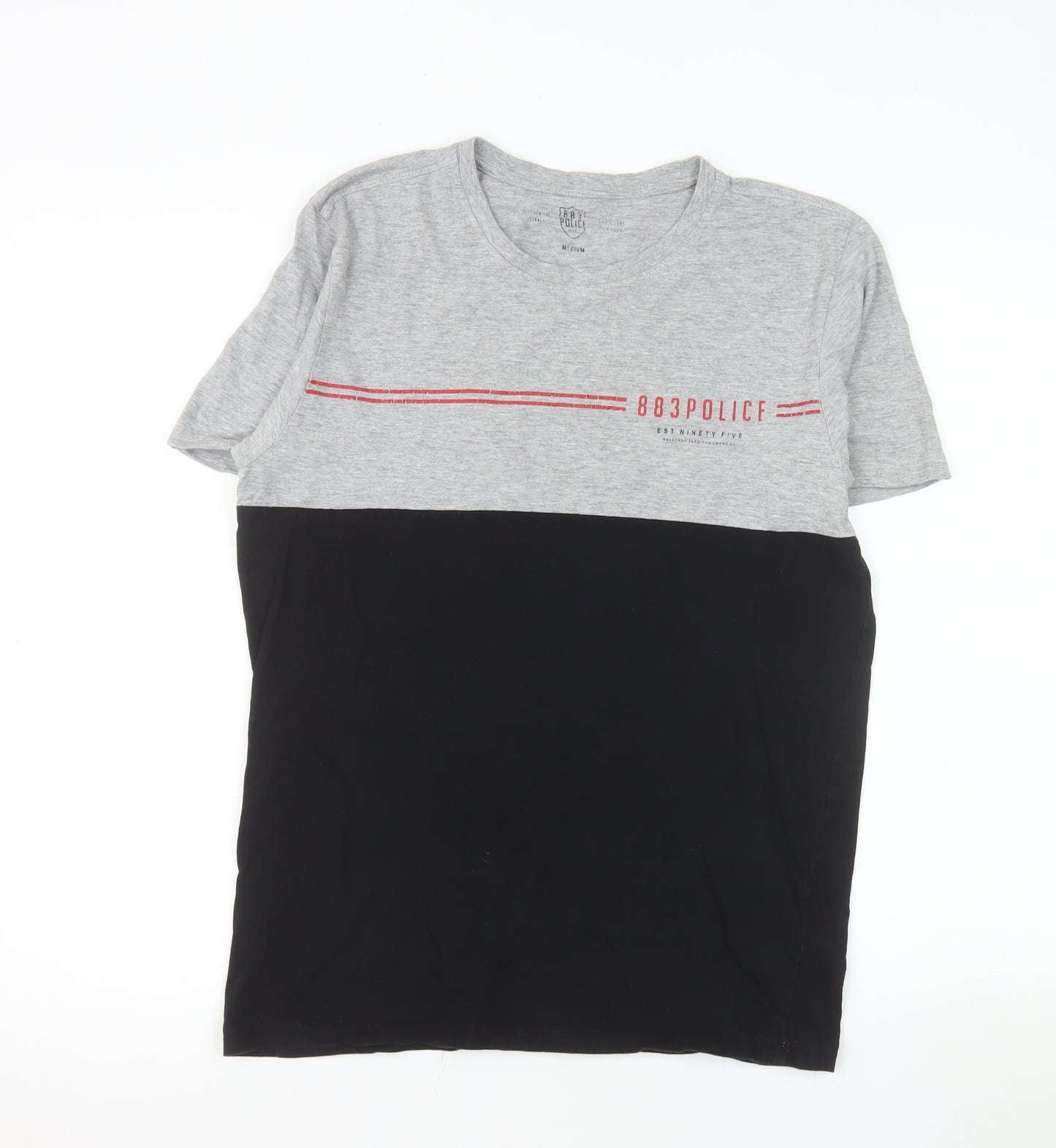 883 Police Men's Grey and Black Colourblock Crew Neck Cotton T-Shirt Medium