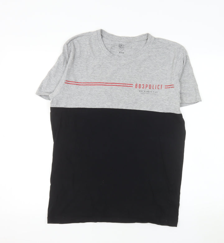 883 Police Men's Grey and Black Colourblock Crew Neck Cotton T-Shirt Medium