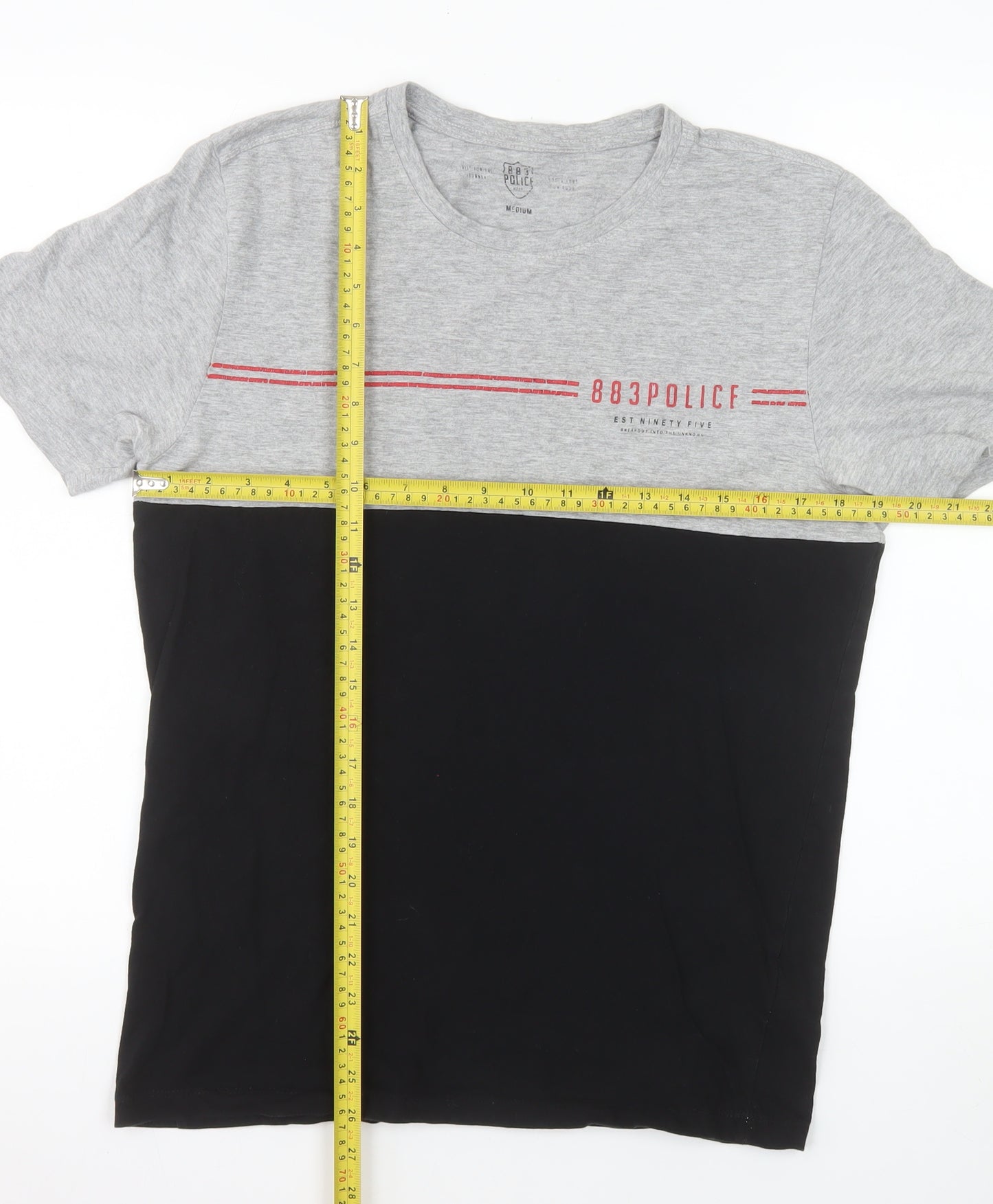 883 Police Men's Grey and Black Colourblock Crew Neck Cotton T-Shirt Medium