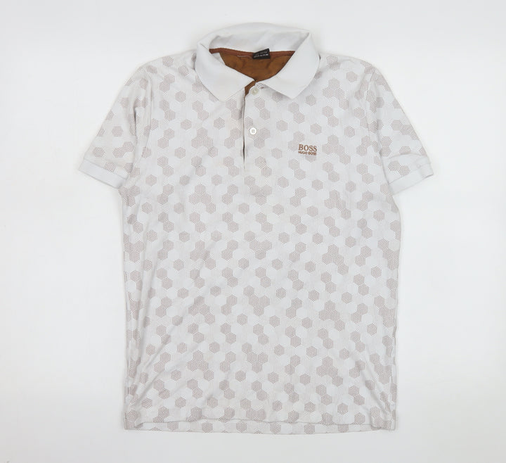 Hugo Boss Men's White Geometric Cotton Polo Shirt Size M