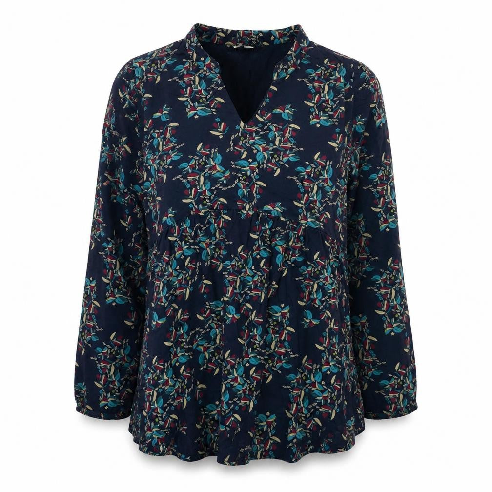Nomads Womens Blue Floral V-Neck Long Sleeve Tunic Blouse Size 12