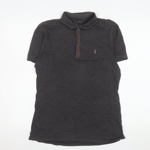 AllSaints Men's Black Slim Fit Short Sleeve Cotton Polo Shirt Size S