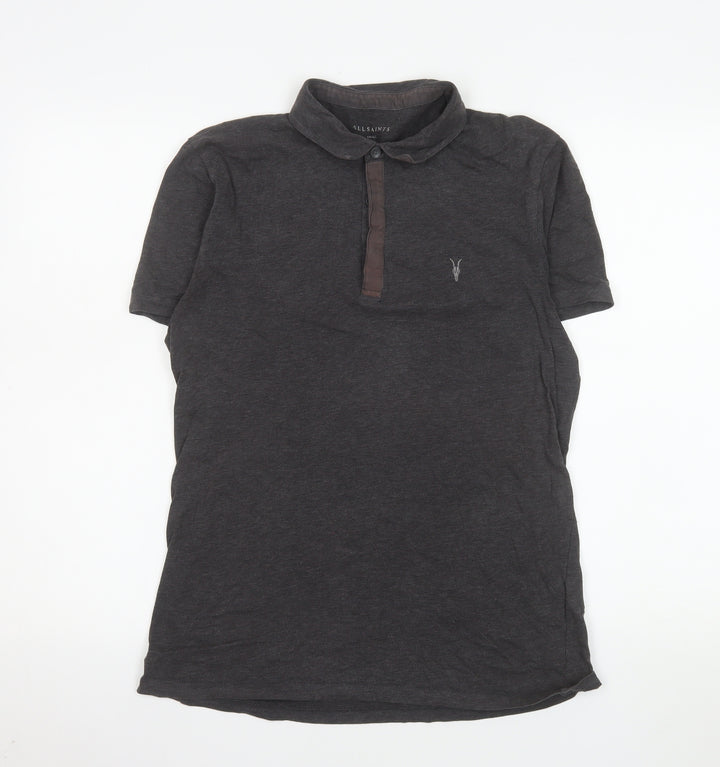 AllSaints Men's Black Slim Fit Short Sleeve Cotton Polo Shirt Size S