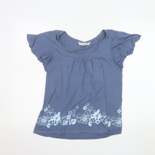 Kaleidoscope Womens Blue Cotton Floral Square Neck T-Shirt UK 10