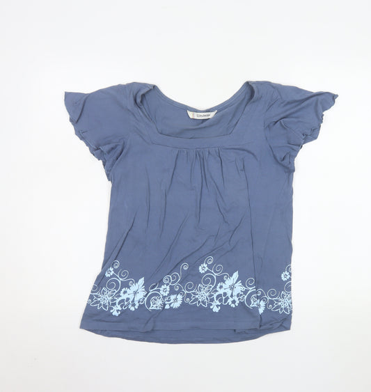 Kaleidoscope Womens Blue Cotton Floral Square Neck T-Shirt UK 10