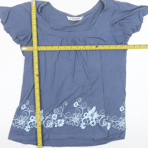 Kaleidoscope Womens Blue Cotton Floral Square Neck T-Shirt UK 10