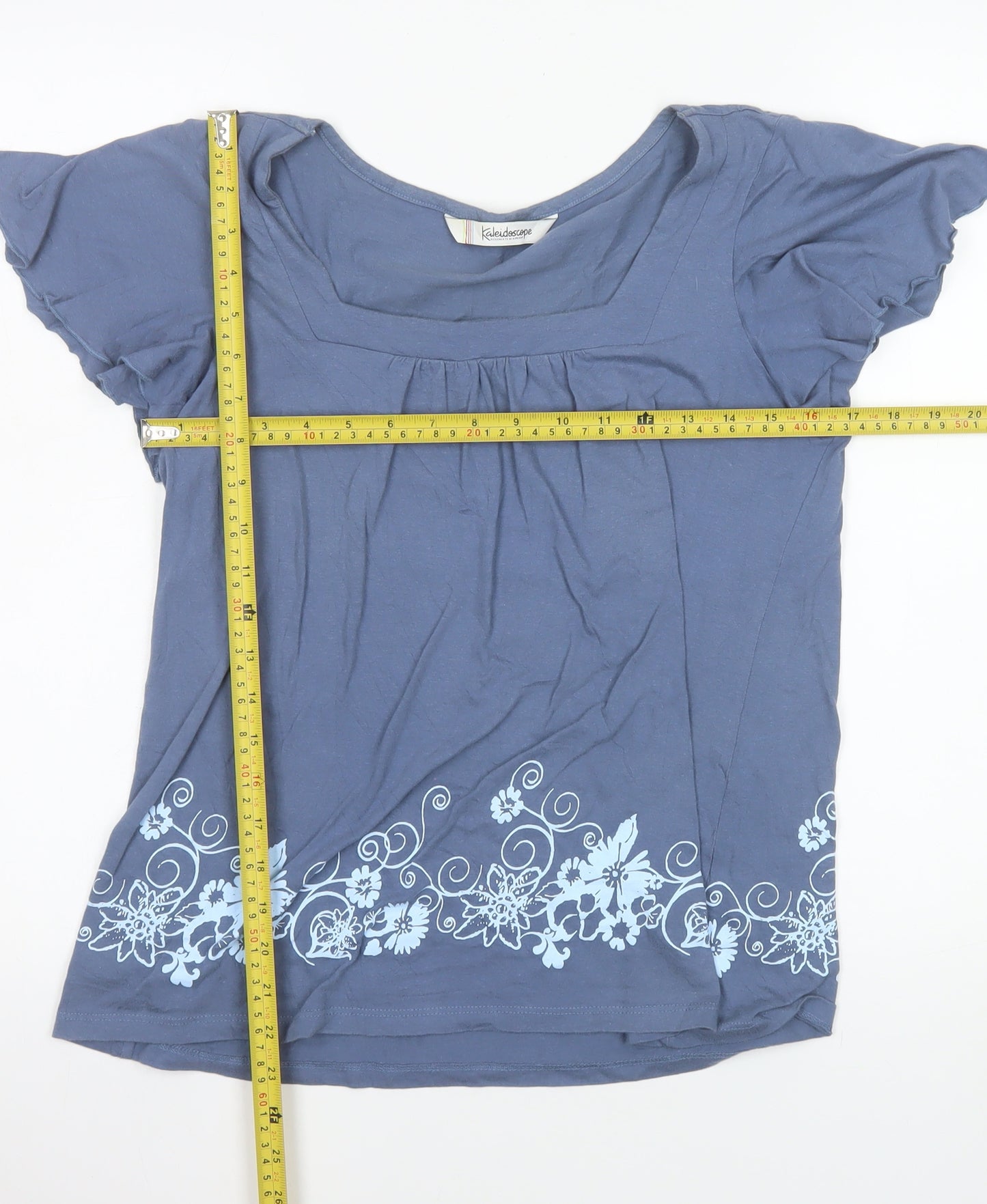 Kaleidoscope Womens Blue Cotton Floral Square Neck T-Shirt UK 10
