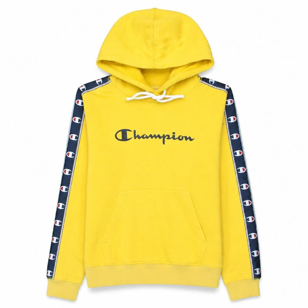 Front view of Champion women’s yellow pullover hoodie medium logo tape casual