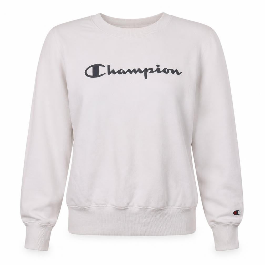 Front view of Champion women’s white xs crew neck pullover sweatshirt