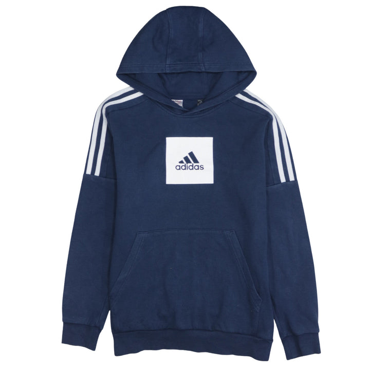 Adidas Boys Blue Pullover Hoodie with Logo and Striped Sleeves - Size 12-13 Years