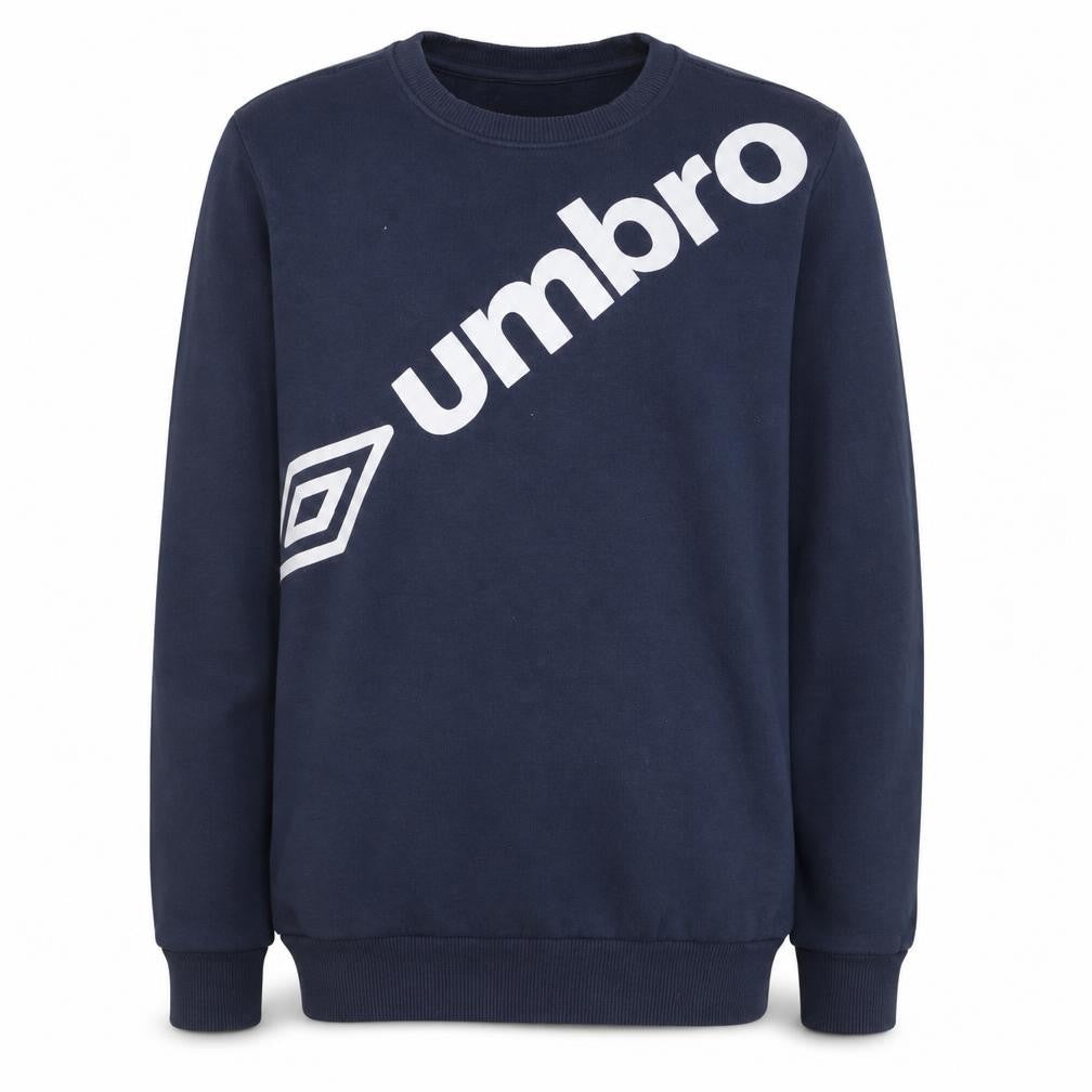 Front view of Umbro boys’ navy blue crew neck sweatshirt size 158cm cotton blend