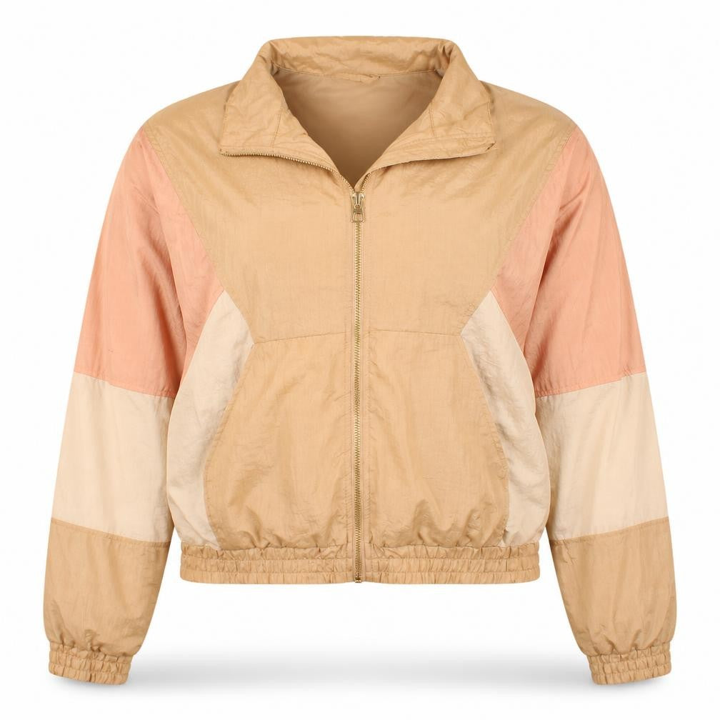 Front view of H&M girls’ beige colourblock windbreaker jacket, size 14 plus