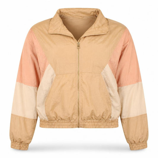 Front view of H&M girls’ beige colourblock windbreaker jacket, size 14 plus