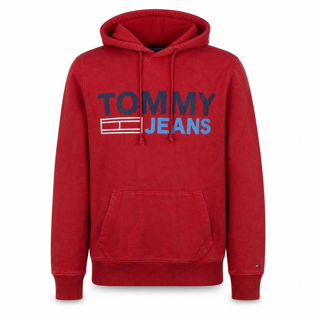 Front view of Tommy Jeans Men's Red Pullover Hoodie XS Regular Fit Logo Graphic