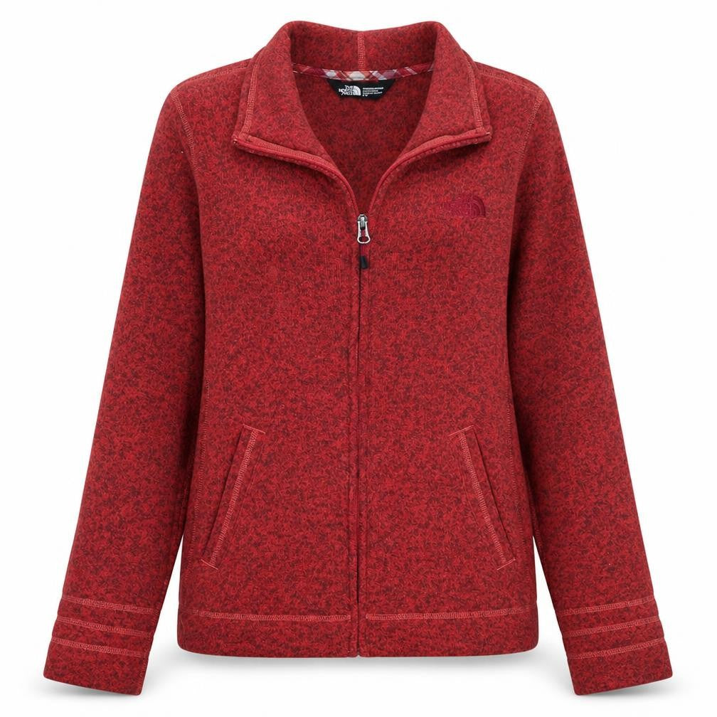 Front view of The North Face women’s red fleece full zip jacket, size S