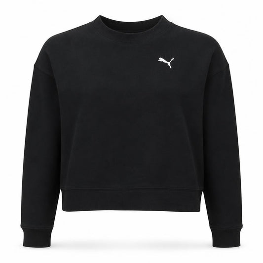 Front view of Puma women’s black small cropped crew neck sweatshirt