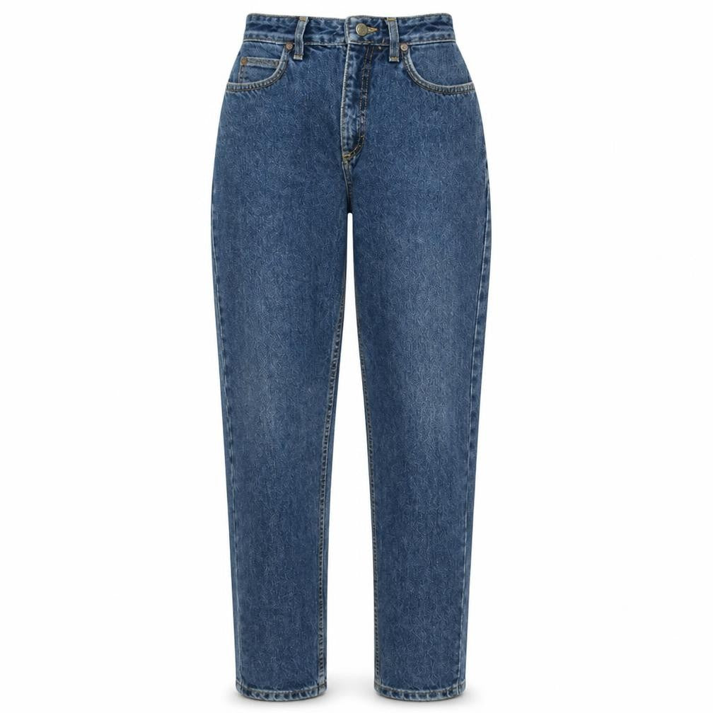 Front view of Lee women’s blue high rise mom jeans, size UK 27, regular fit denim