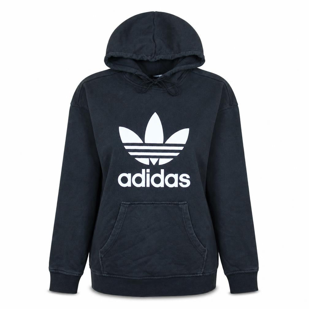 Front view of Adidas women’s black pullover hoodie, size UK 10, cotton logo casual