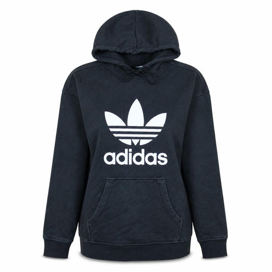 Front view of Adidas women’s black pullover hoodie, size UK 10, cotton logo casual