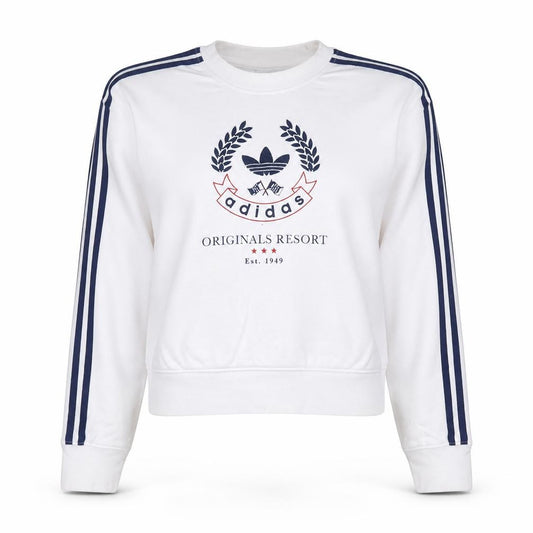 Front view of Adidas Women's White Crew Neck Sweatshirt, size 8, Originals Resort Logo