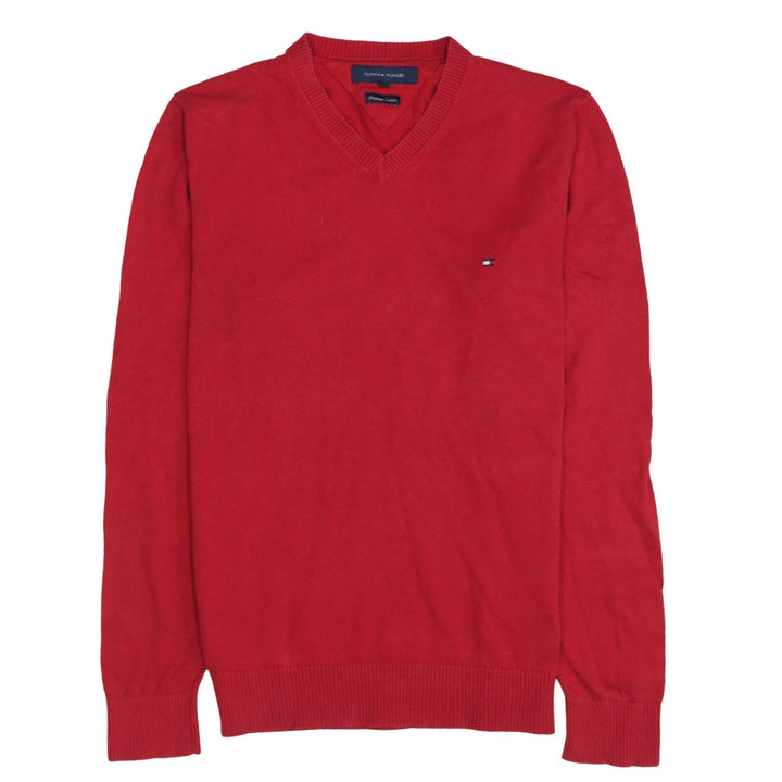Tommy Hilfiger Men's Red V-Neck Cotton Pullover Jumper Size S