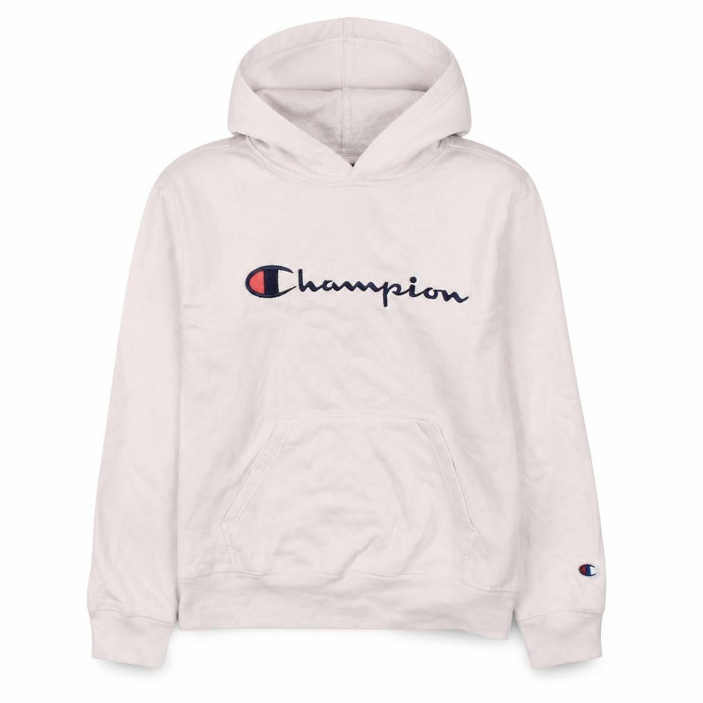 Front view of Champion Women White Pullover Hoodie L Logo Embroidered Sweatshirt