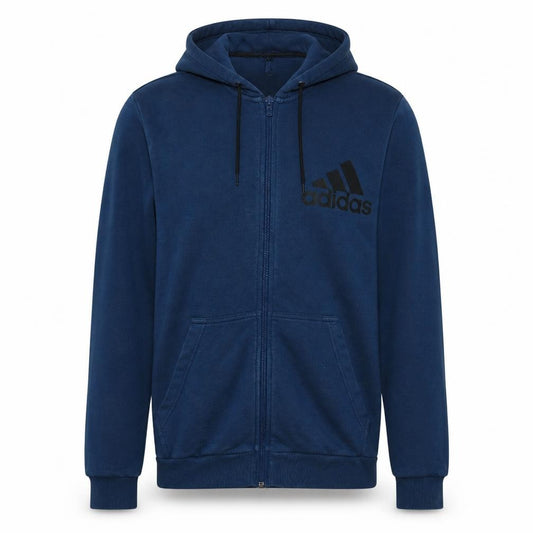 Front view of Adidas Men's Blue Full Zip Hoodie, size M, Sports Fleece