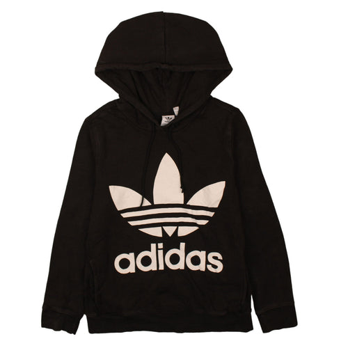 Adidas Women Black Hooded Pullover Hoodie UK 12 Logo Print Cotton Blend