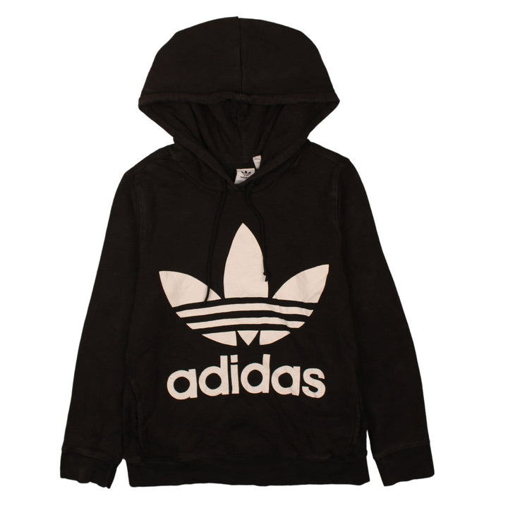 Adidas Women Black Hooded Pullover Hoodie UK 12 Logo Print Cotton Blend