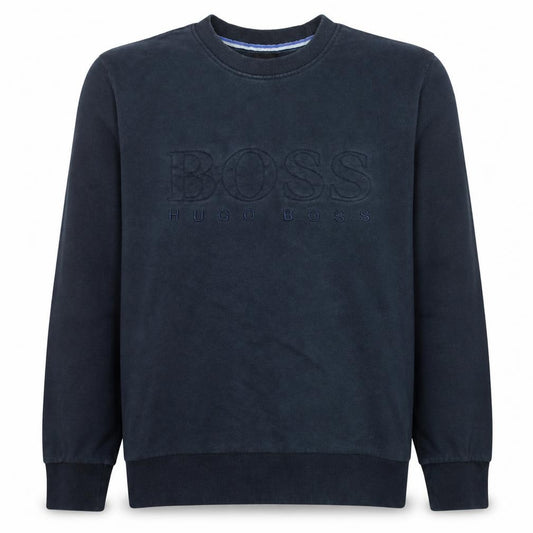 Front view of Hugo Boss men’s blue crew neck embroidered logo sweatshirt, size M