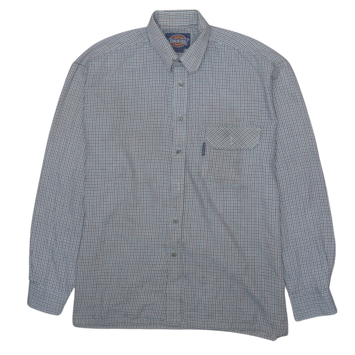 Dickies Men Blue Check Long Sleeve Cotton Button-Up Shirt M 15.5