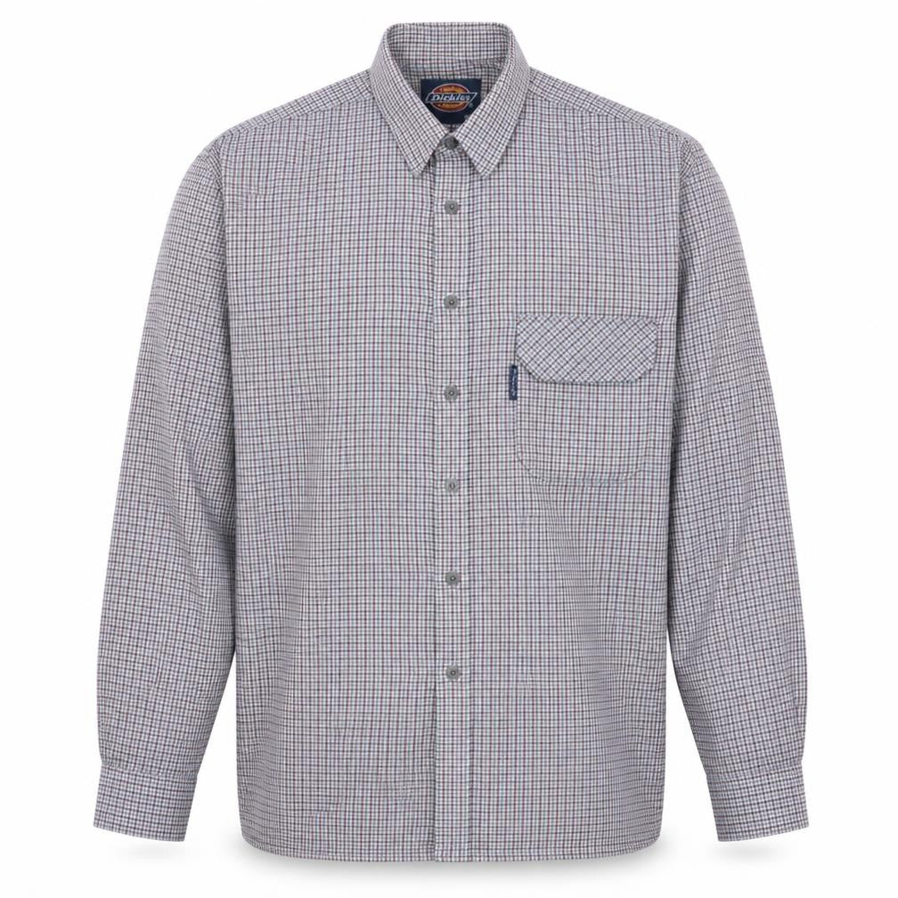 Front view of Dickies Men Blue Check Long Sleeve Cotton Button-Up Shirt M 15.5