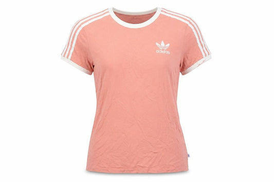 Front view of Adidas women’s pink ringer t-shirt, size UK 8, casual cotton