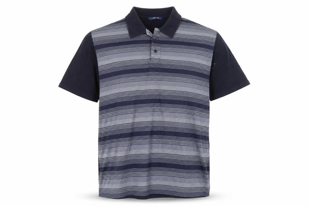 Front view of Westrock Men's Blue Striped Cotton Polo Shirt, size M