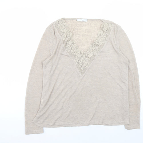 MNG Women’s Beige V-Neck Lace Trim Long Sleeve Knit Jumper Size 12